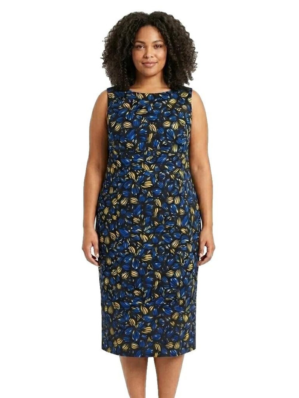 Kasper Midi Dress Size 24W Black Blue Yellow Abstract Floral Sleeveless Lined